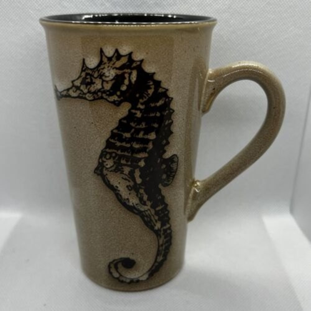 SEAHORSE Coffee Mug Cup Stoneware OCEAN Nautical Tall CAPPUCCINO 18 oz Brown